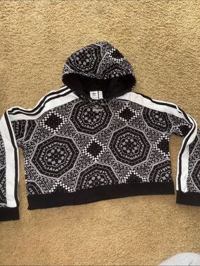 adidas Black & White Bandana-Print Hooded Crop Sweatshirt